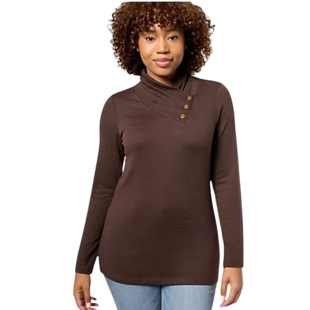 Denim & Co. Heavenly Jersey Long Sleeve Button Neckline Knit Top Size Medium